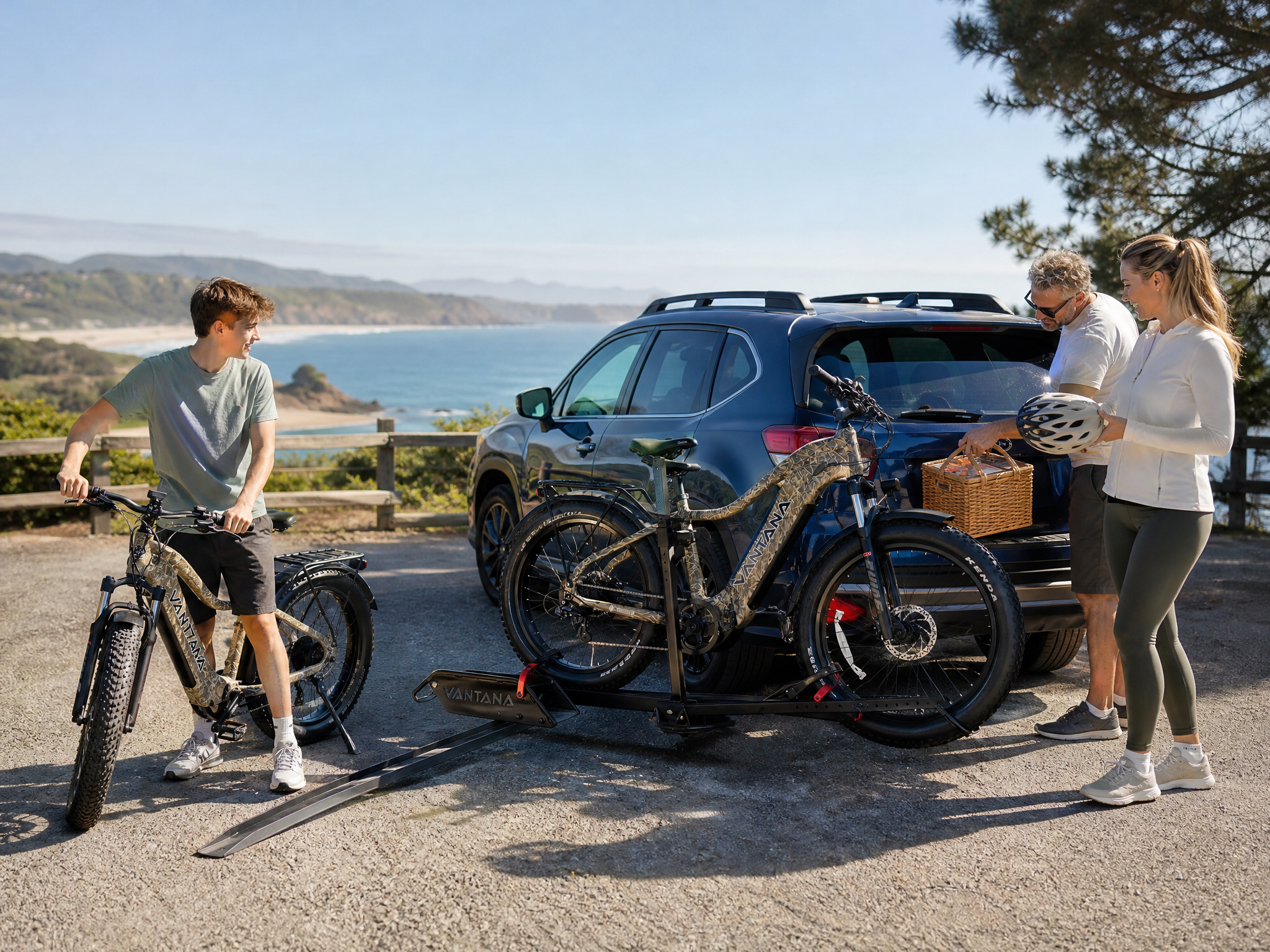Family loading e-bikes on a VANTANA rack at the coast