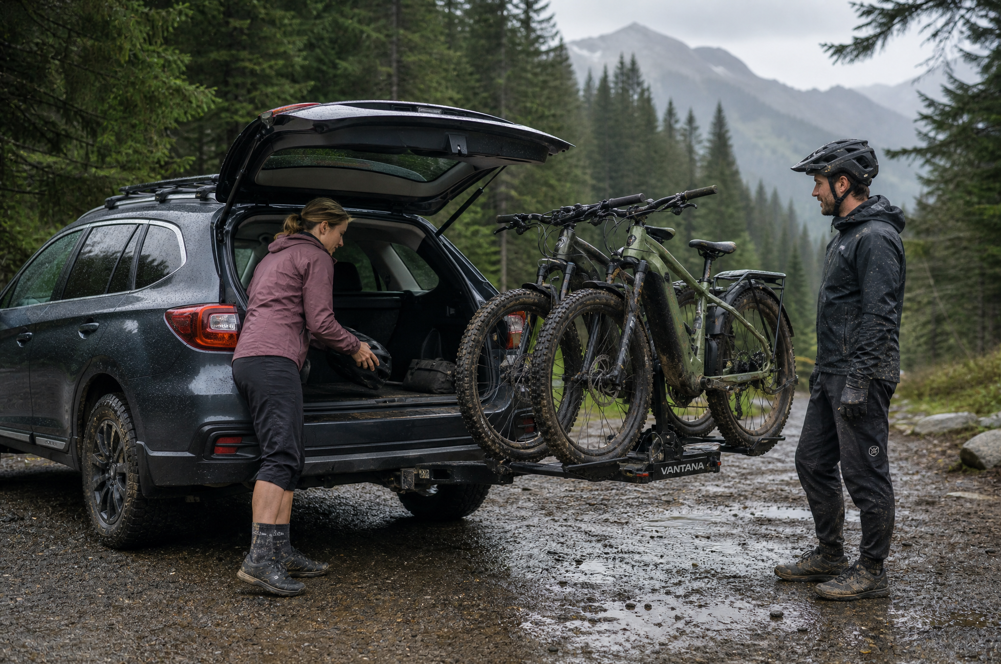 VANTANA rack with mountain bikes after a forest ride